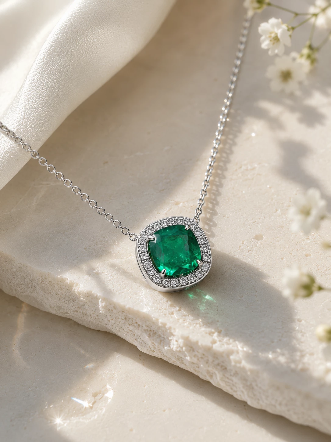 Natural emerald + diamonds halo pendant