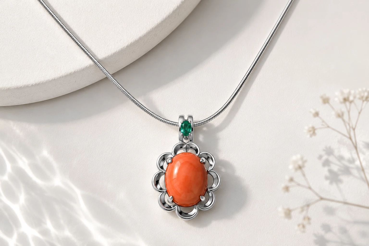 Vintage-style oval cabochon coral handcraft pendant