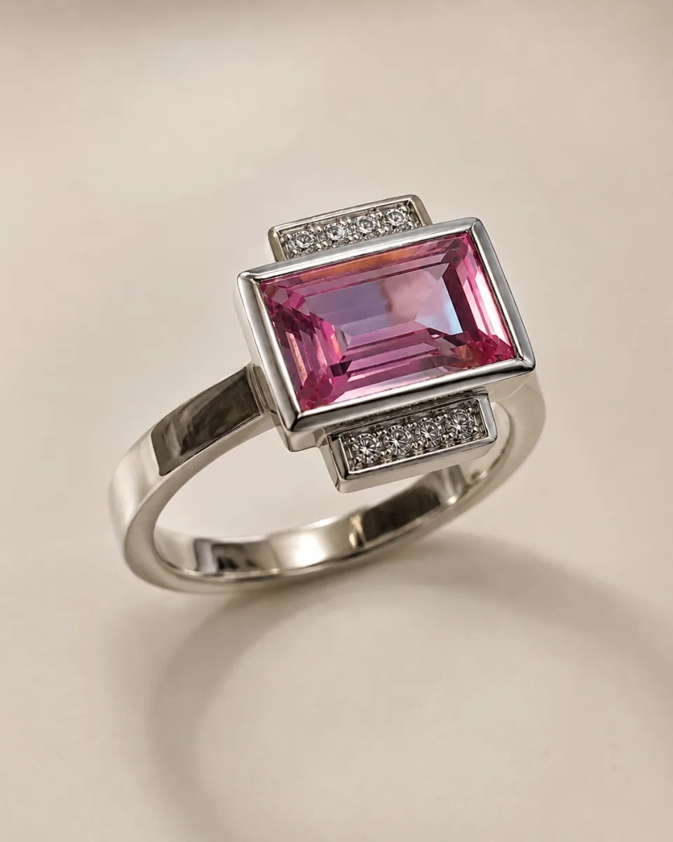Pink Topaz + diamonds Ring Handcraft